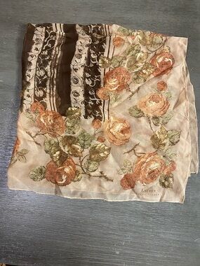 Lauren Ralph Lauren Peach Floral Silk Scarf with Olive & Rust Accents